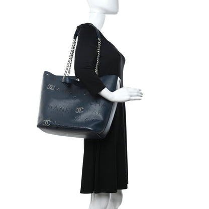 Chanel Calfskin Tweed Small Logo Eyelets Shopping Tote Navy Blue 2 of 9