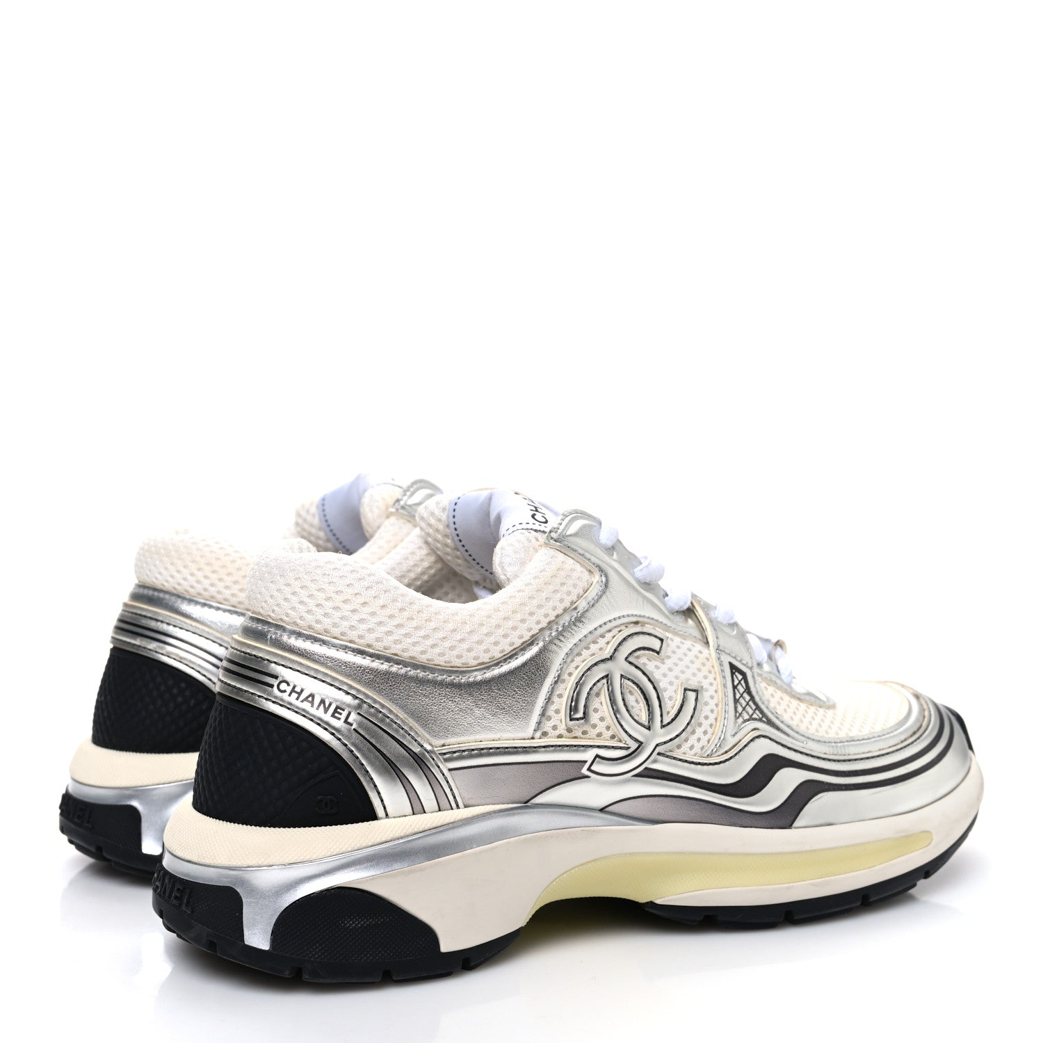 Chanel Fabric Laminated Calfskin Stretch CC Sneakers 38 White Silver 5 of 11
