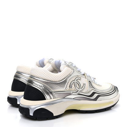 Chanel Fabric Laminated Calfskin Stretch CC Sneakers 38 White Silver 5 of 11
