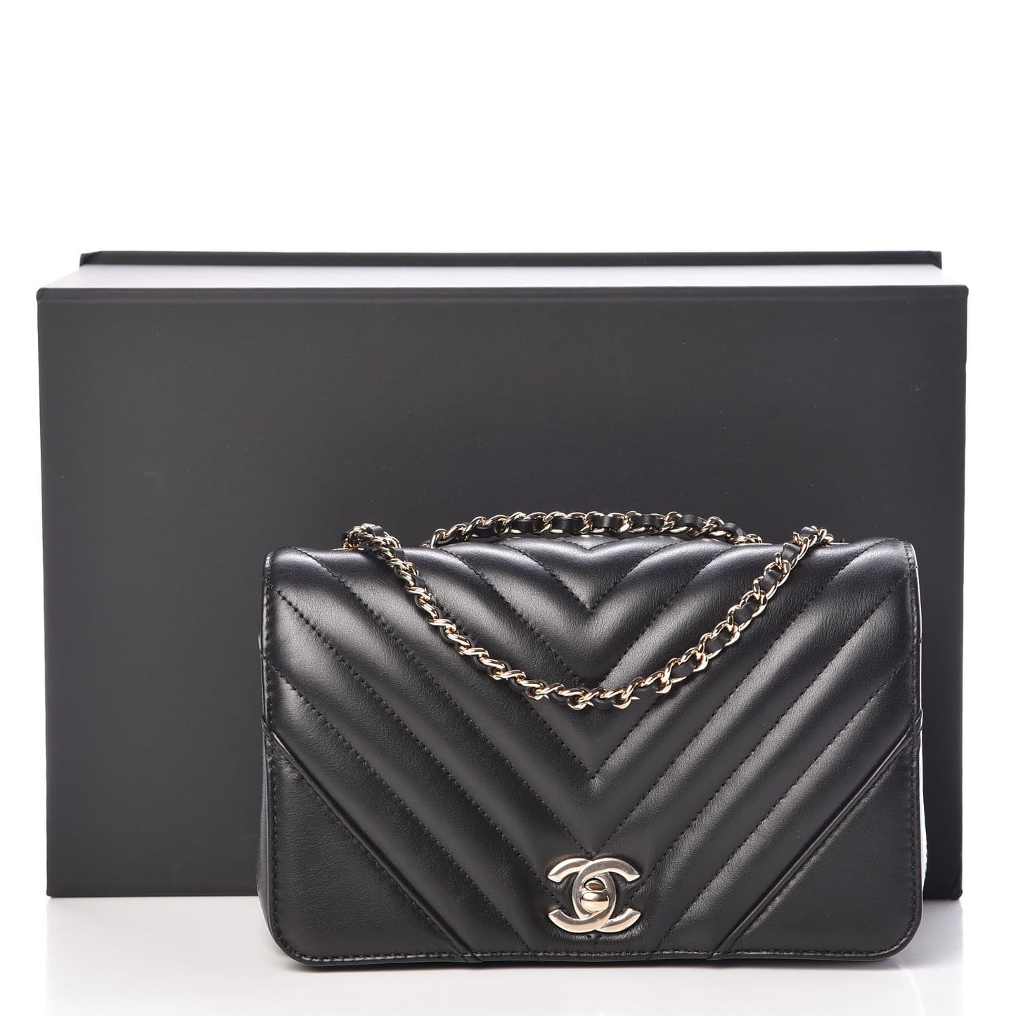 Calfskin Chevron Quilted Mini Statement Flap Black