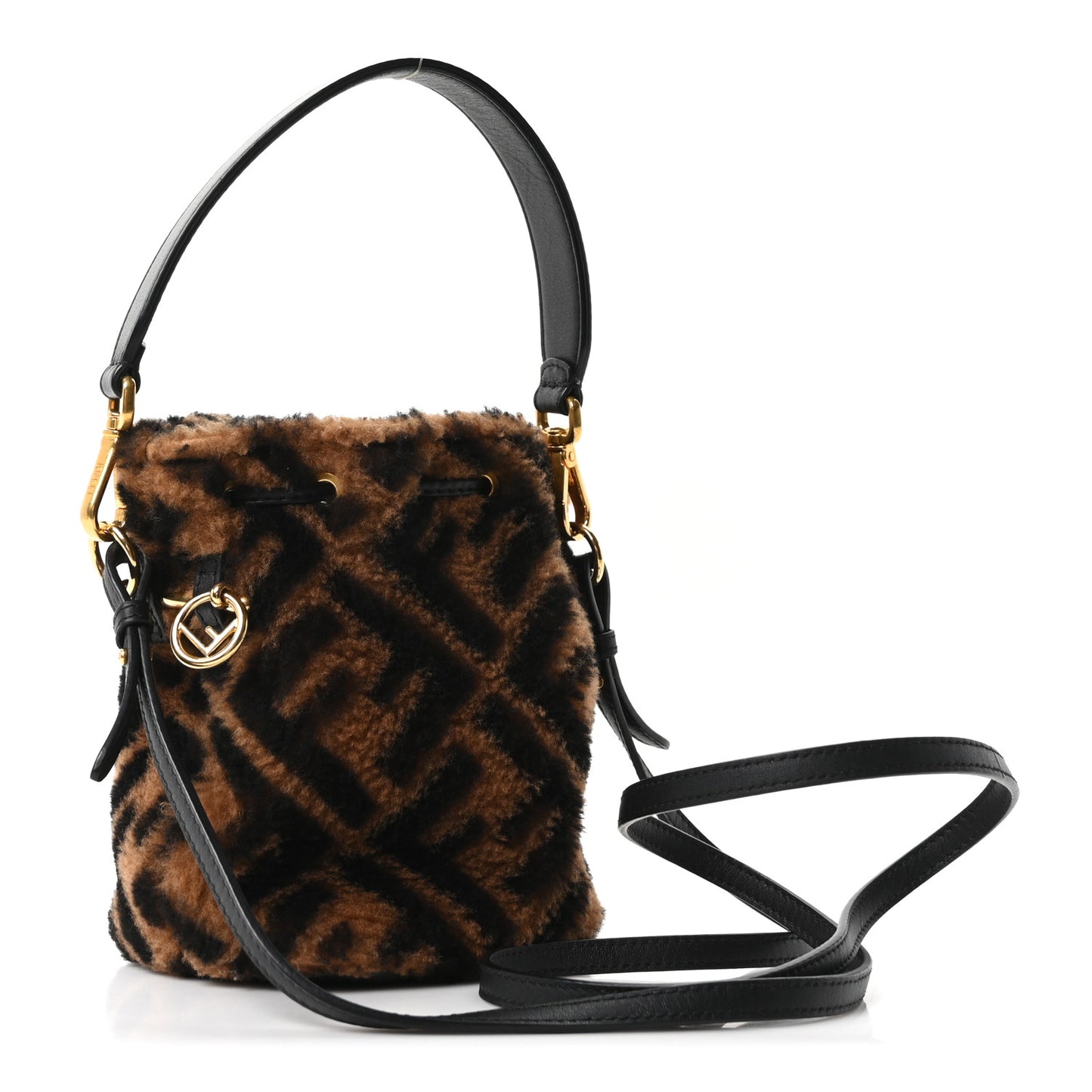 Shearling Vitello Dolce F is Fendi Macro FF 1974 Mini Mon Tresor Bucket Bag Tobacco Black