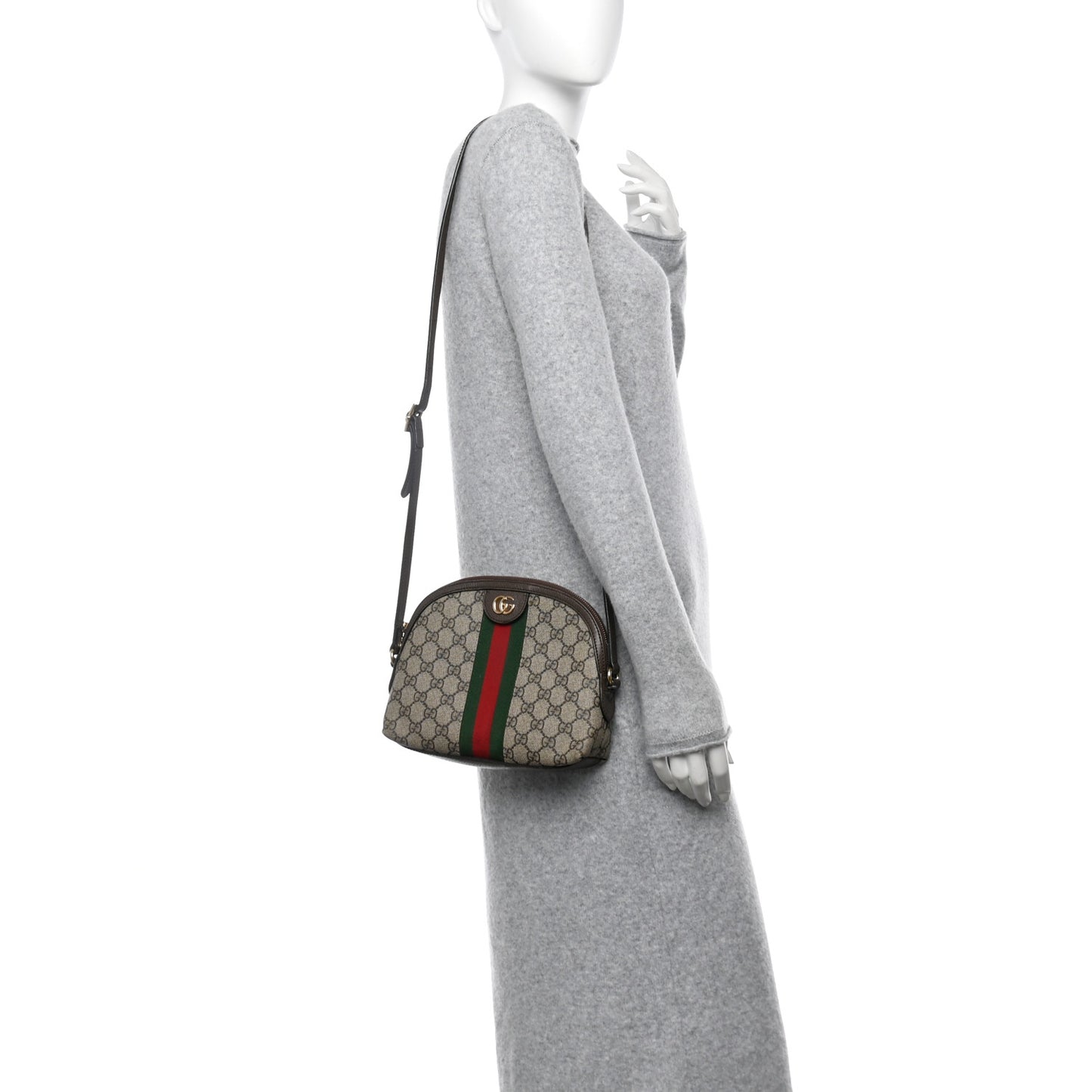 GG Supreme Monogram Textured Dollar Calfskin Web Small Ophidia Dome Shoulder Bag Beige Ebony New Acero