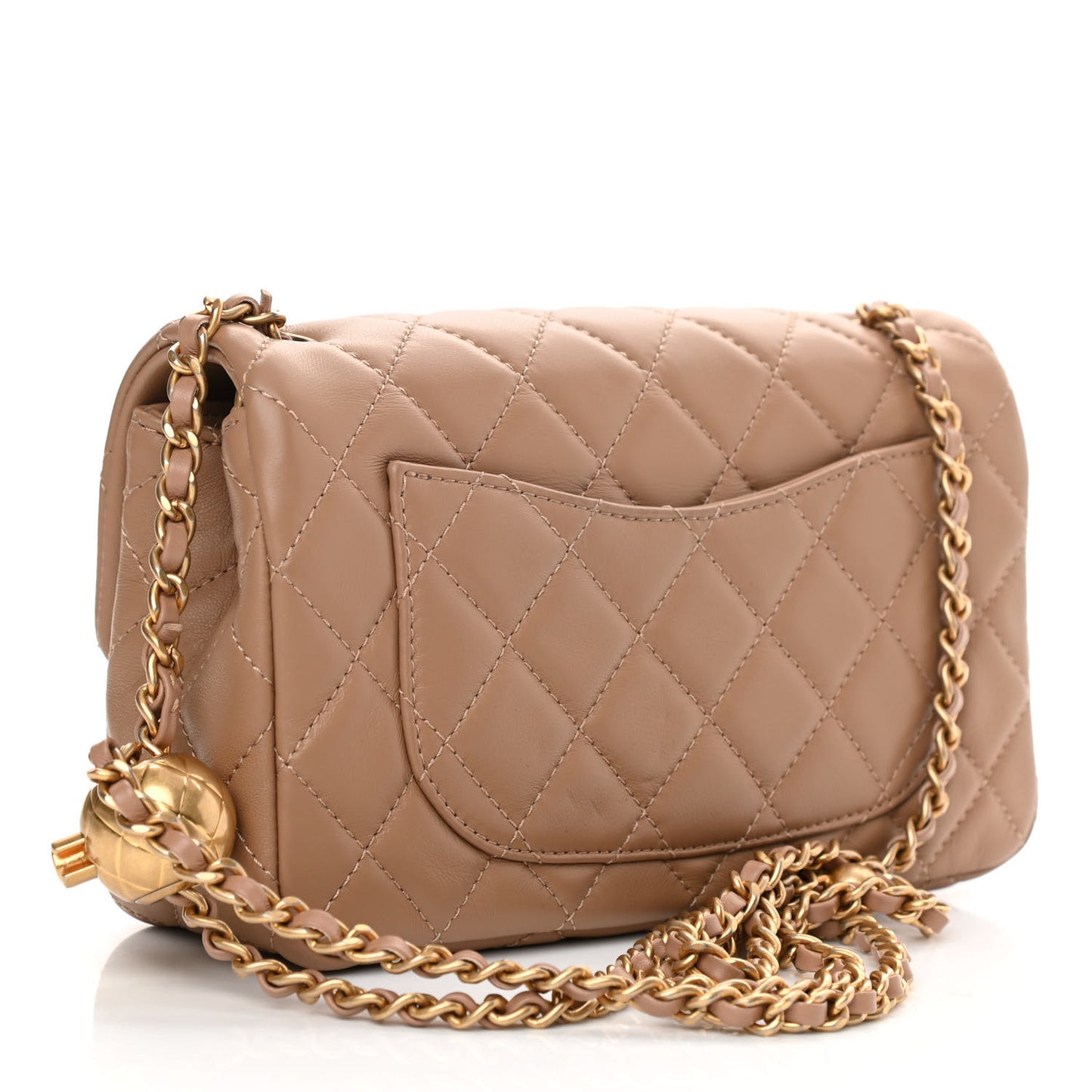 Lambskin Quilted Mini Rectangular Pearl Crush Flap Dark Beige