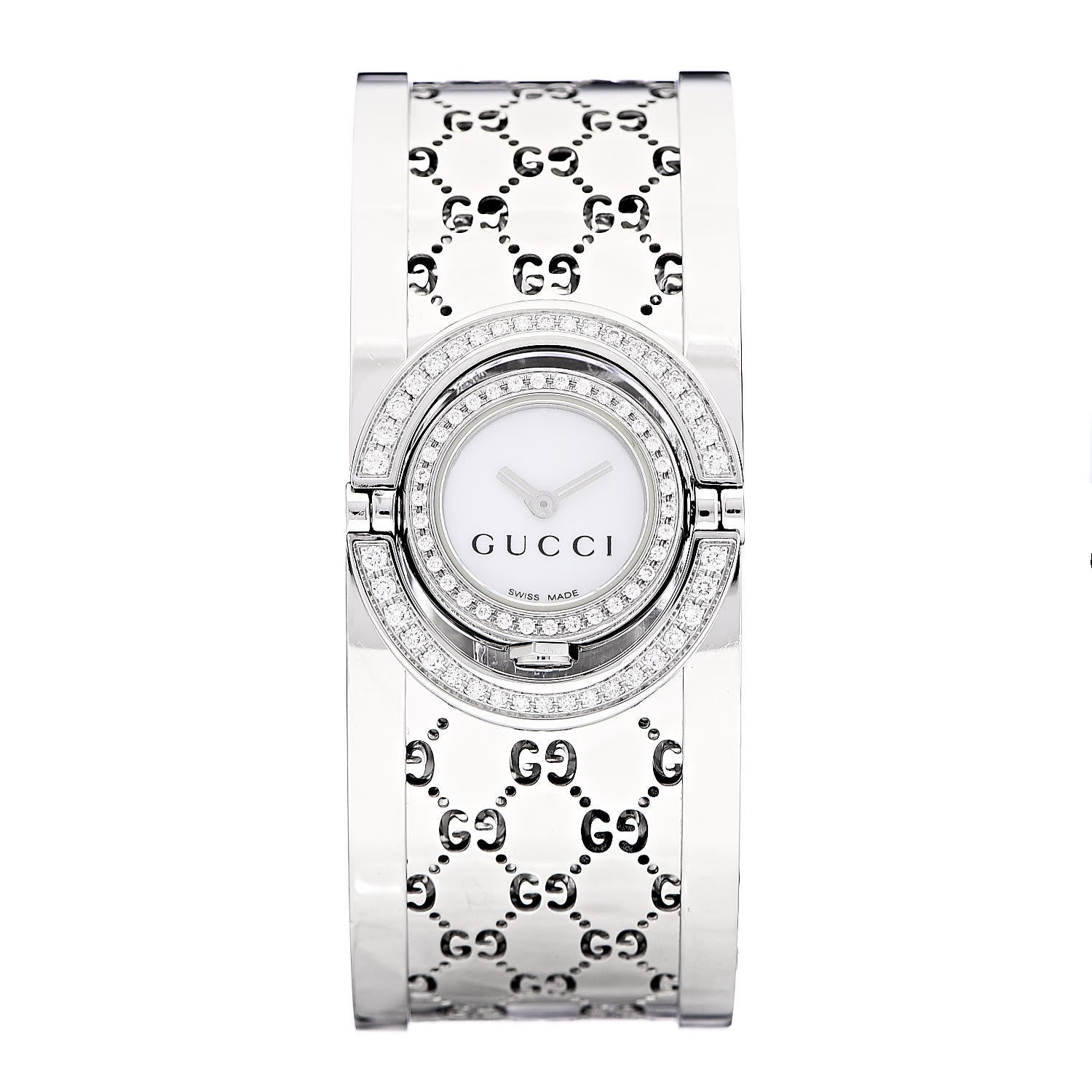Gucci Stainless Steel Diamond Pave Bezel Mother of Pearl 23mm Twirl Quartz Watch 1 of 6