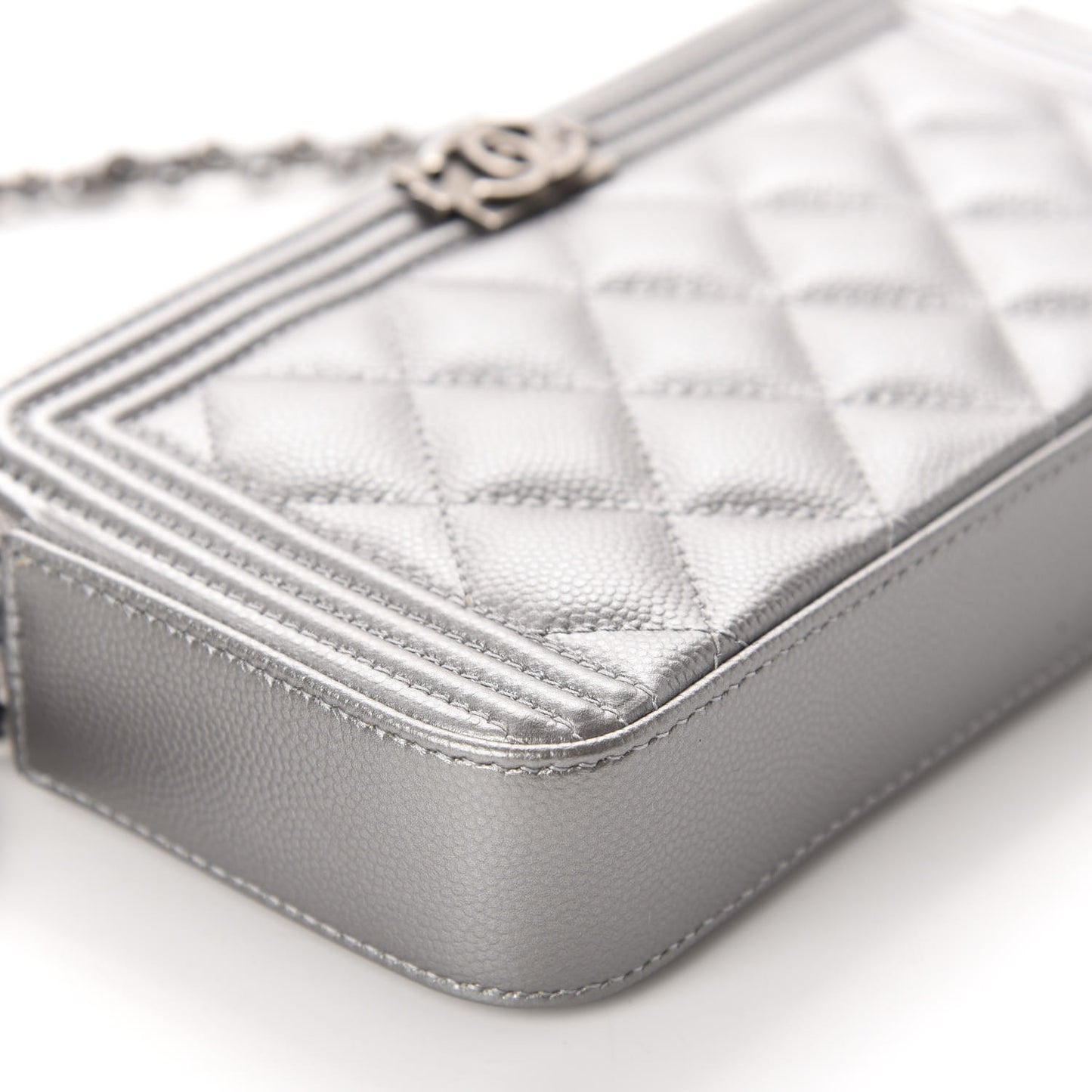 Metallic Caviar Quilted Small Boy Clutch With Chain Silver