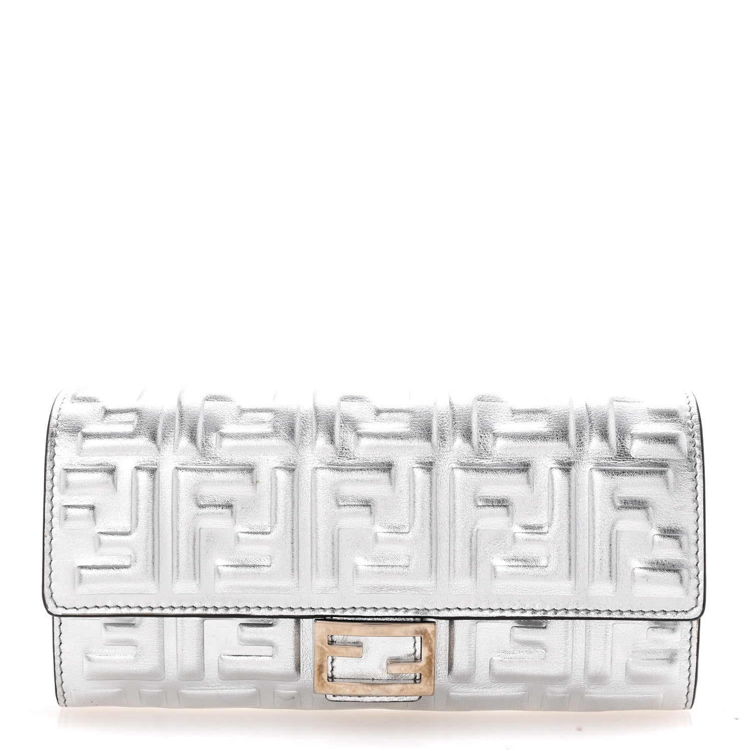 Fendi Vitello Catalan Mirror FF 1974 Embossed Continental Wallet Argento 1 of 7