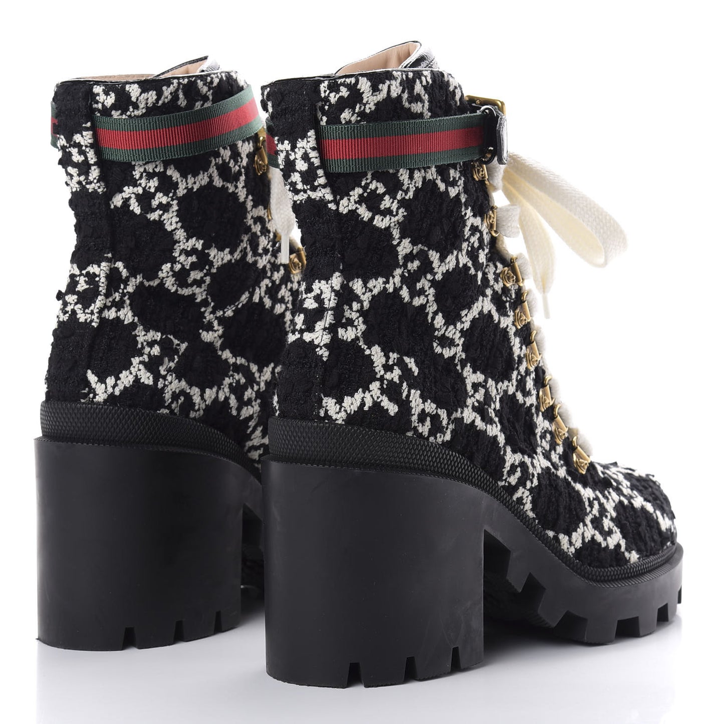 Tweed GG Monogram Lace Up Combat Ankle Boots 40.5 Black