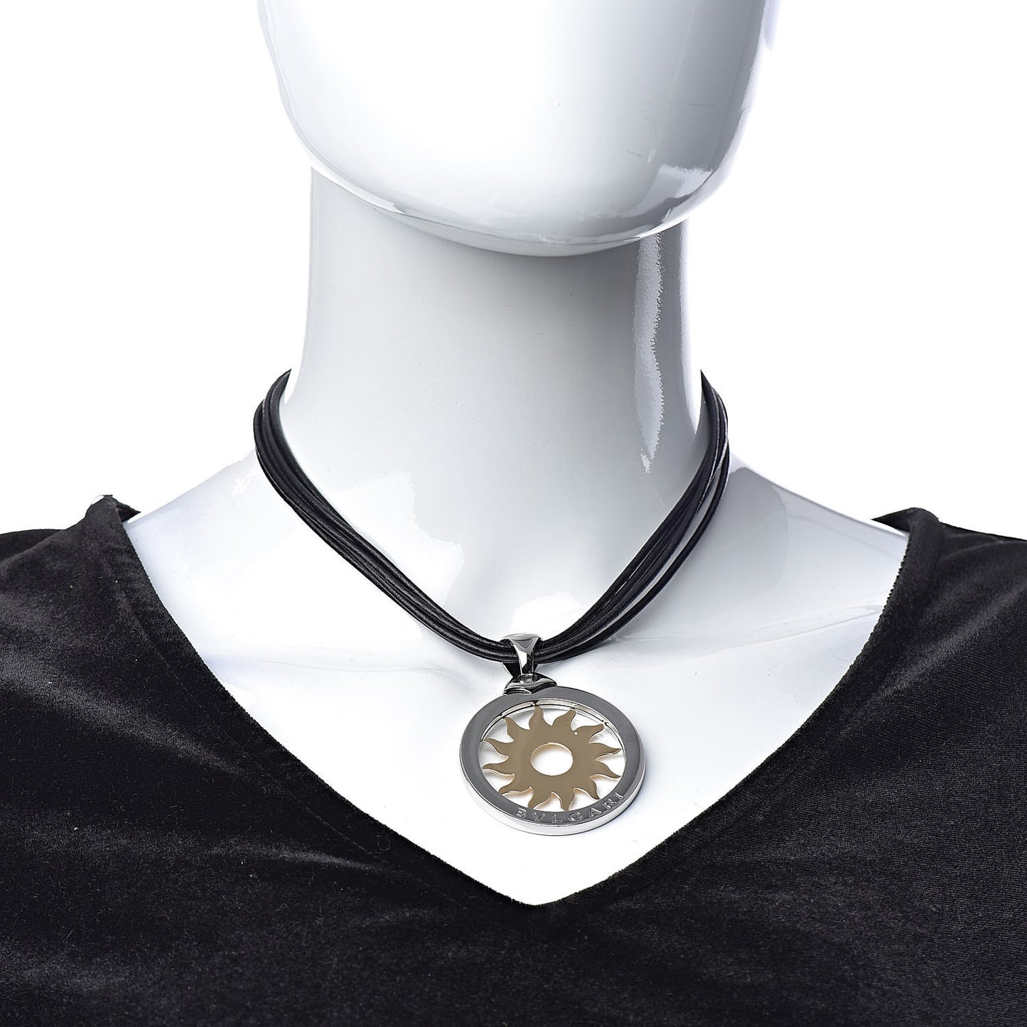 Stainless Steel 18K Yellow Gold Calfskin Tondo Sun Pendant Necklace