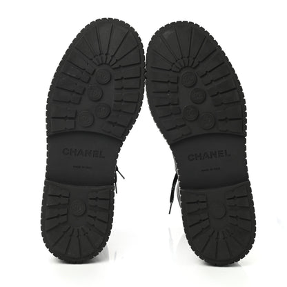 Chanel Calfskin Grosgrain Quilted Lace Up Boots 39 Black Grey 3 of 9