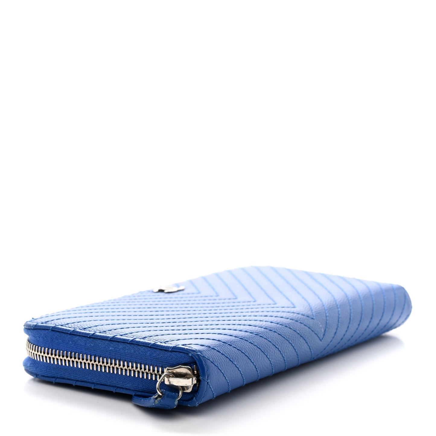 Caviar Chevron Quilted Large Gusset Zip Around Wallet Bright Blue