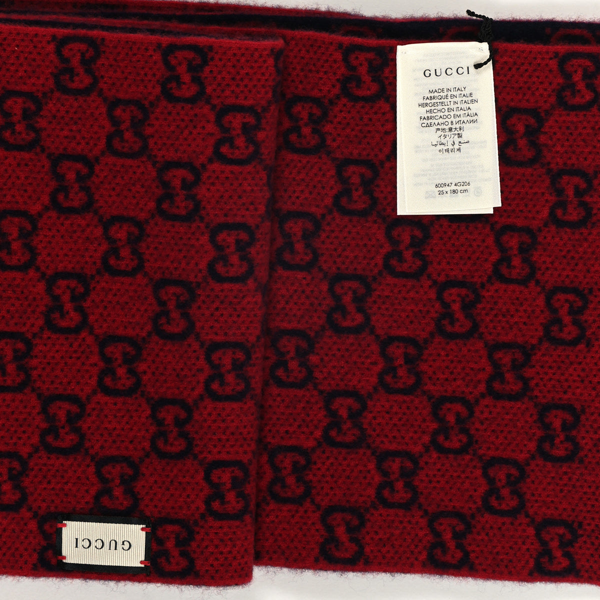Gucci Wool GG Monogram Knit Longfog Fringe Scarf Midnight Blue Red 3 of 3