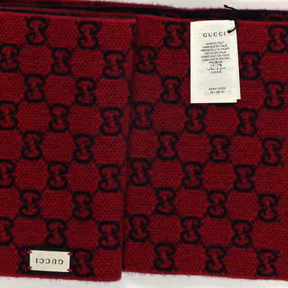 Gucci Wool GG Monogram Knit Longfog Fringe Scarf Midnight Blue Red 3 of 3
