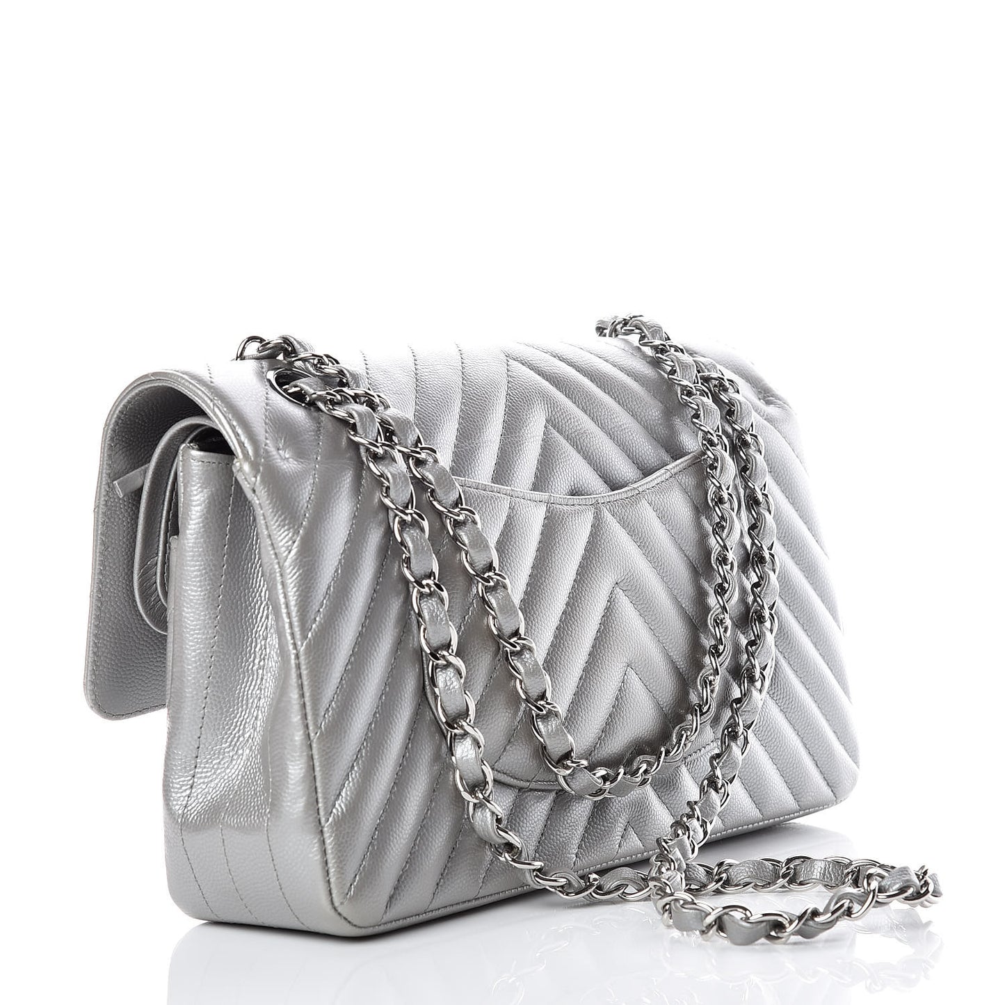 Metallic Caviar Chevron Quilted Medium Double Flap Silver