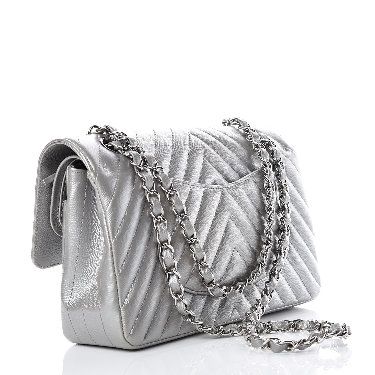 Chanel Metallic Caviar Chevron Quilted Medium Double Flap Silver 4 of 10