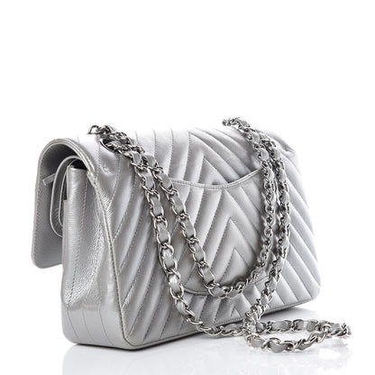 Chanel Metallic Caviar Chevron Quilted Medium Double Flap Silver 4 of 10