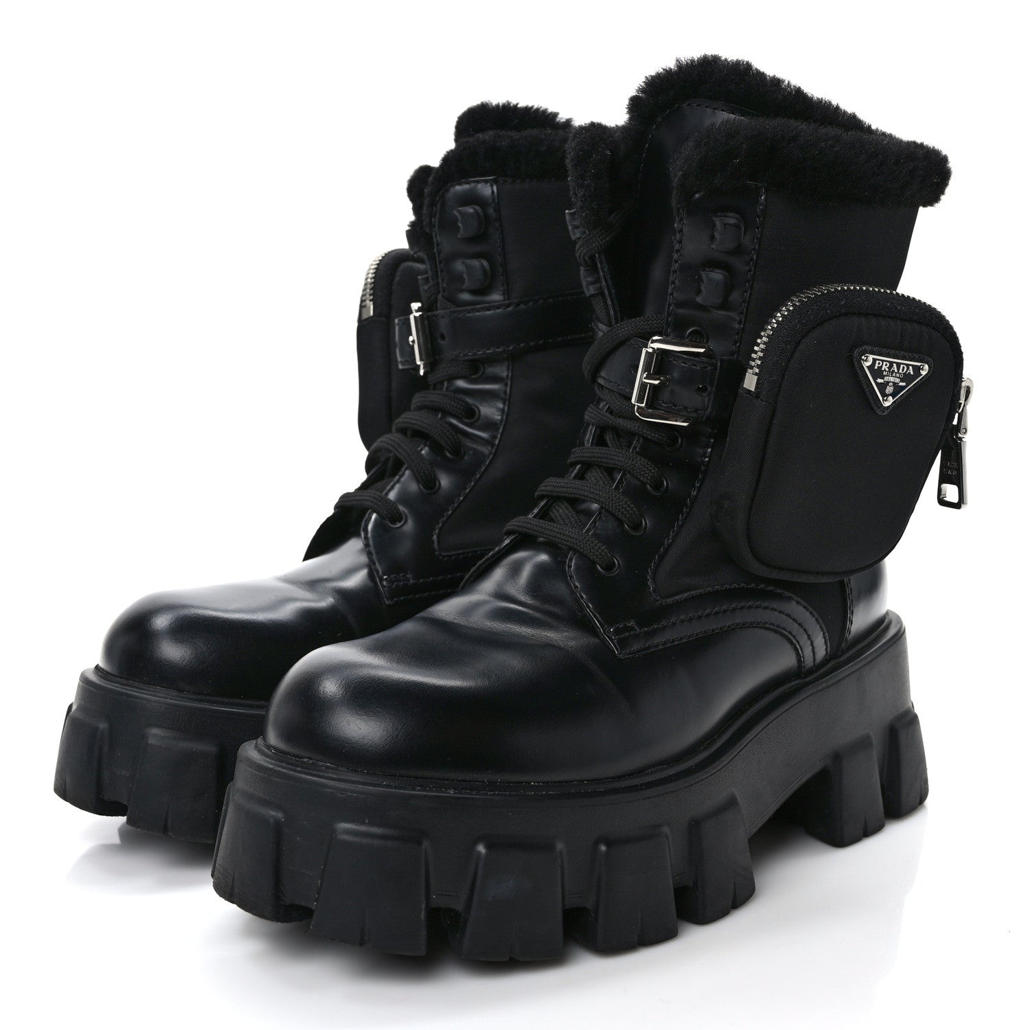 Prada Spazzolato Rois Nylon Shearling Metal Triangle Logo Monolith Pouch Pocket 55mm Boots 36.5 Black 3 of 11