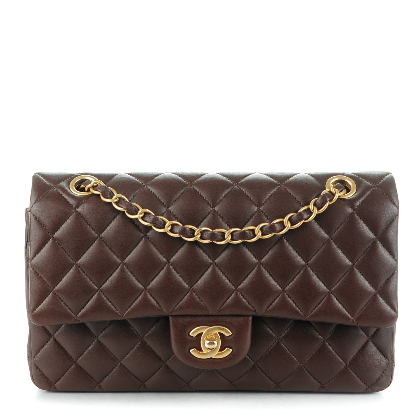 Lambskin Quilted Medium Double Flap Brown