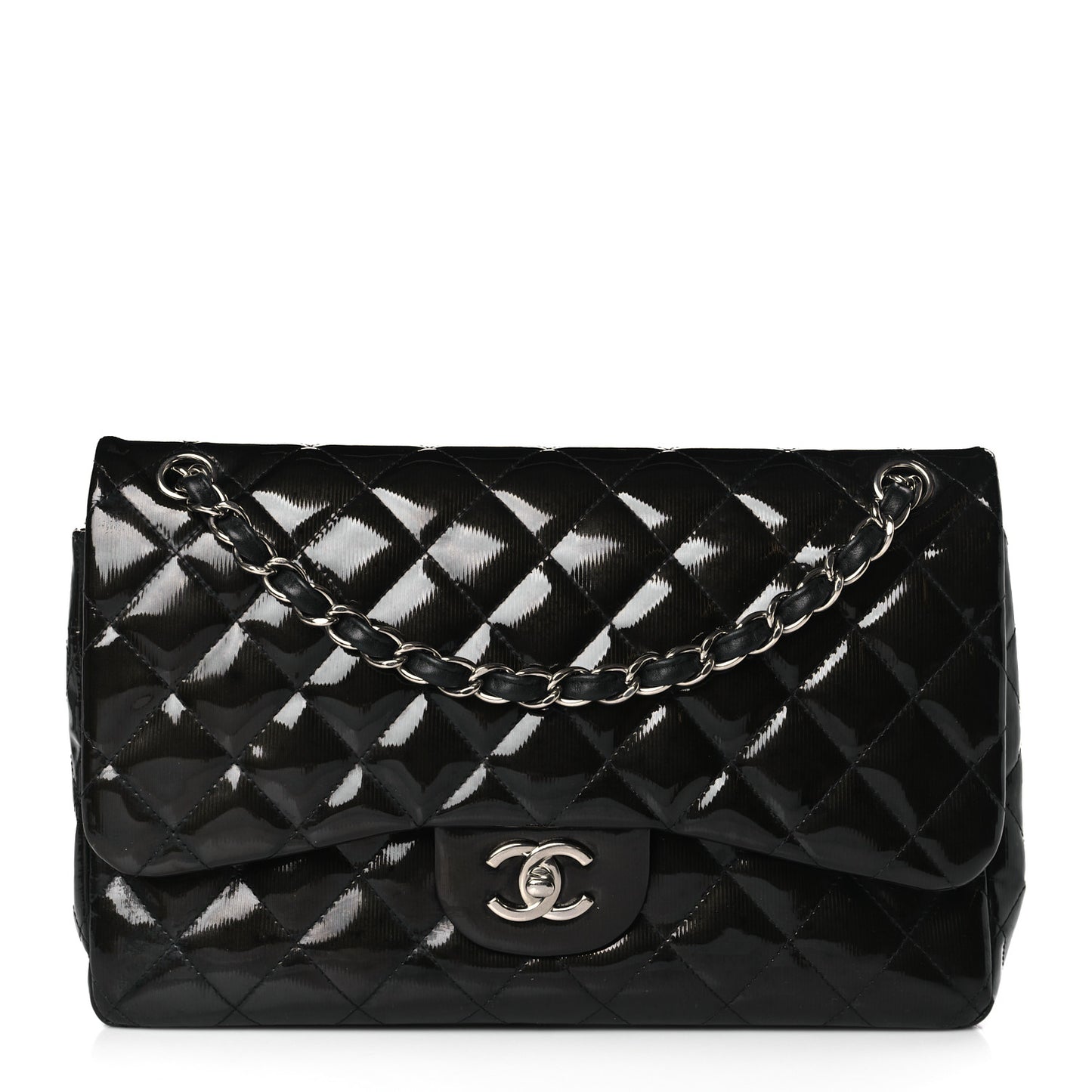 Striated Patent Quilted Jumbo Double Flap Black
