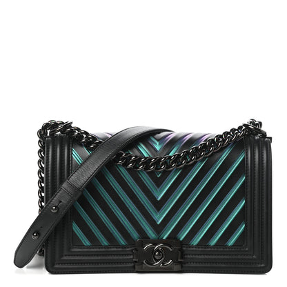 Chanel Calfskin Painted Chevron Embossed Medium Boy Flap Black 1 of 10