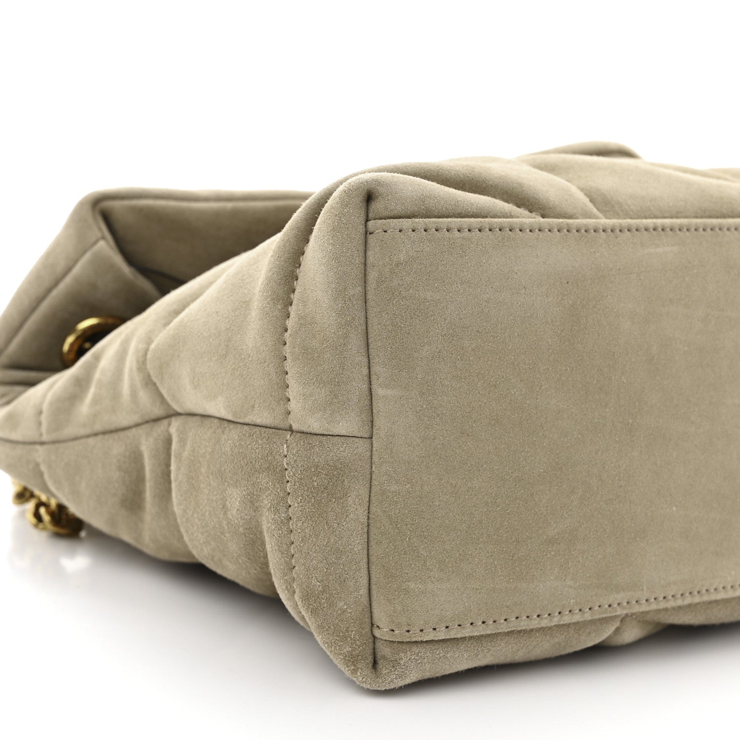 Saint Laurent Suede Calfskin Quilted Small Loulou Puffer Monogram Chain Satchel Matte Gold 9 of 10
