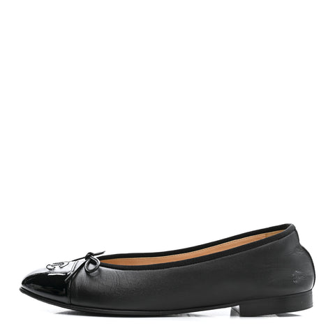 Lambskin Patent Cap Toe Ballerina Flats 39.5 Black