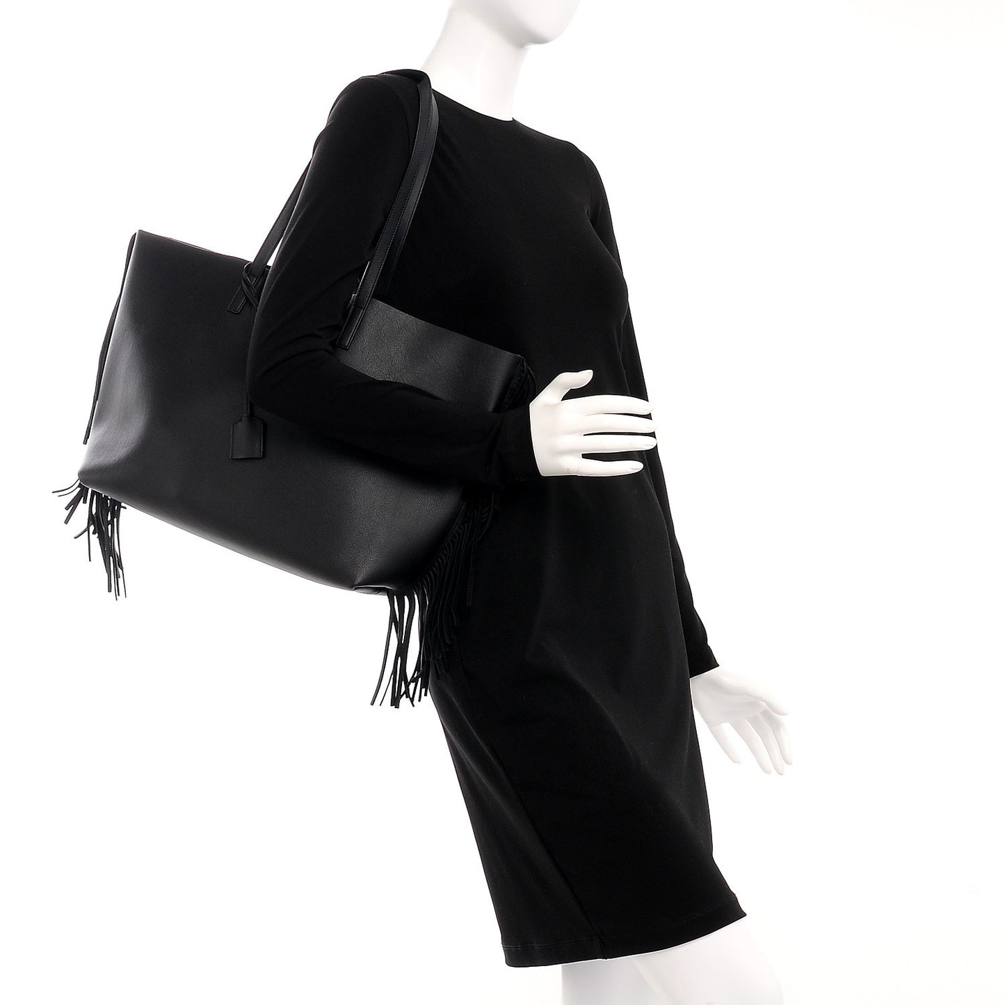 Calfskin Large Fringe Shopping Tote Black