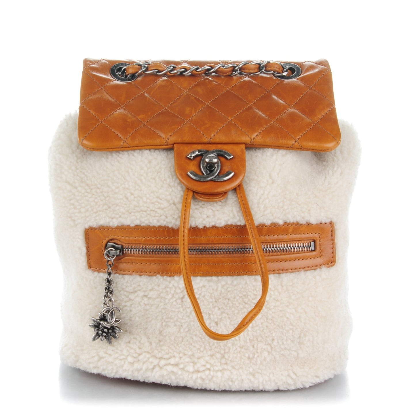 Glazed Calfskin Shearling Quilted Small Mountain Backpack Brown