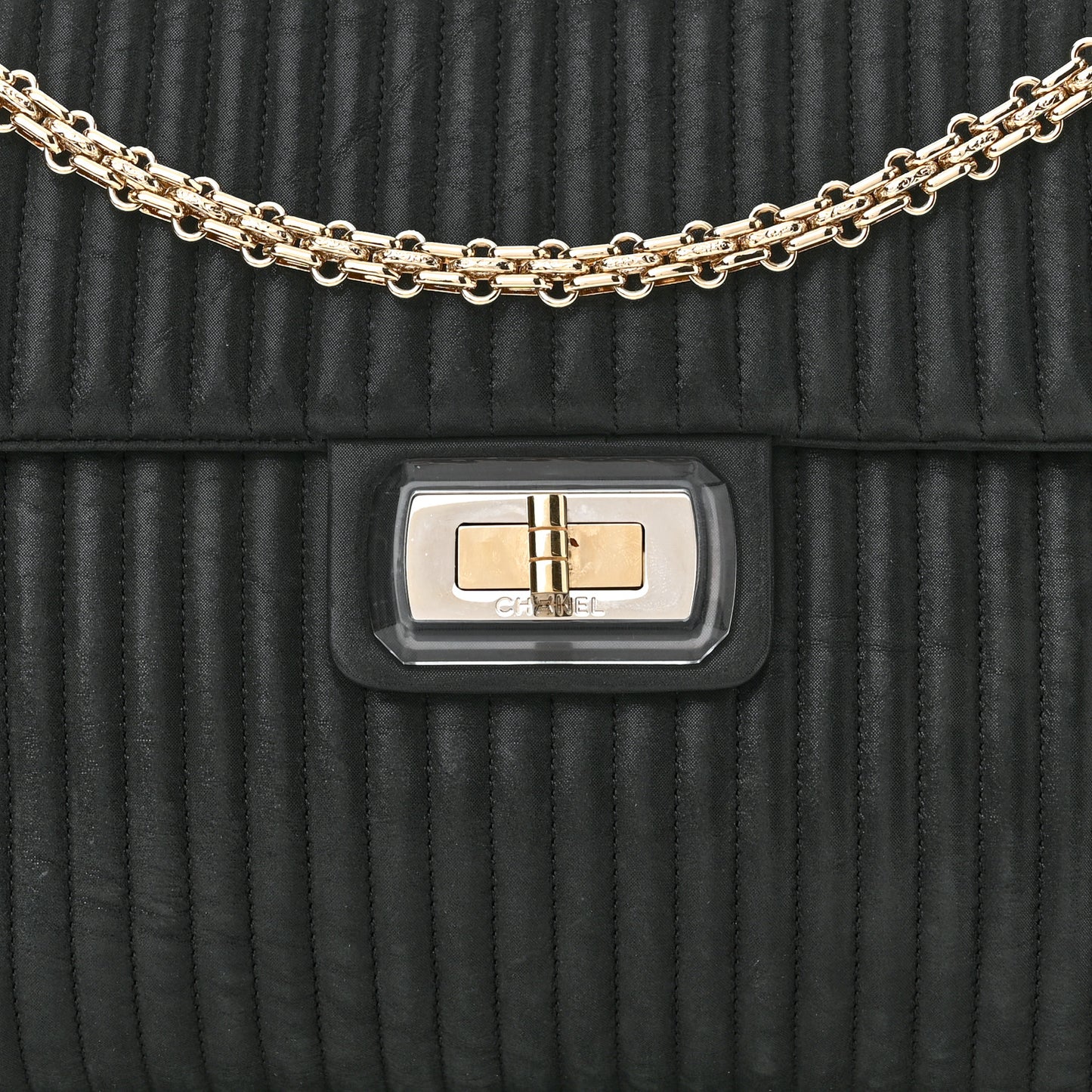 Iridescent Calfskin Vertical Quilted Mademoiselle Lock Bijoux Flap Shoulder Bag Black