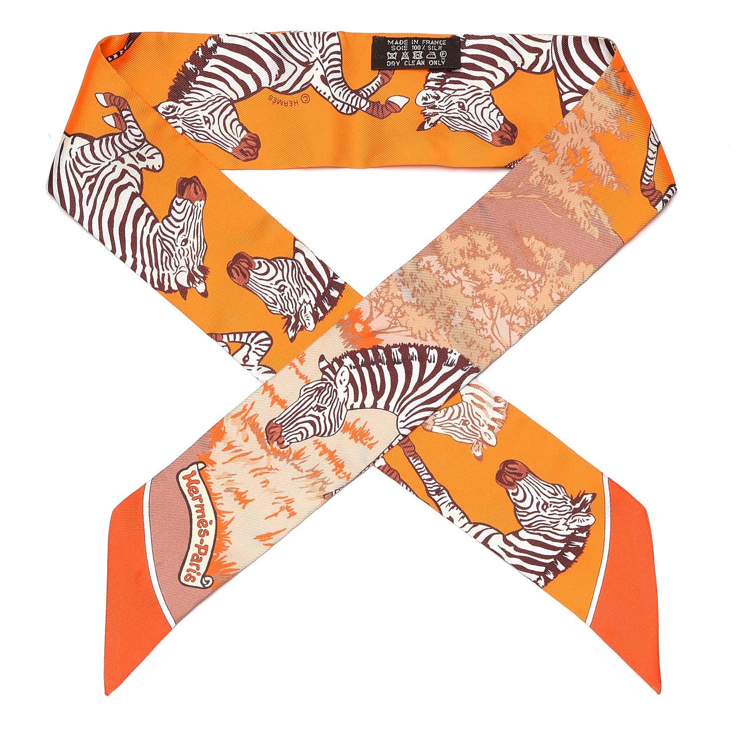 Hermes Silk Les Zebres Twilly Orange Beige Brun 1 of 5