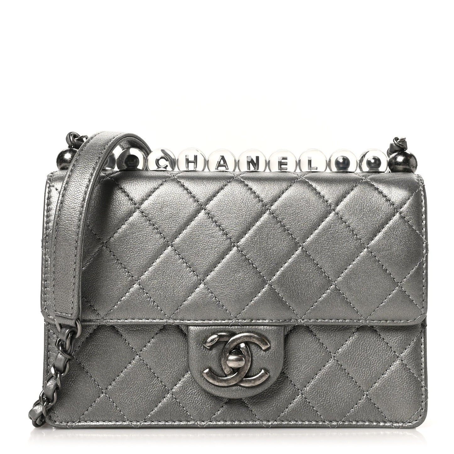 Metallic Goatskin Quilted Small Chic Pearls Flap Silver