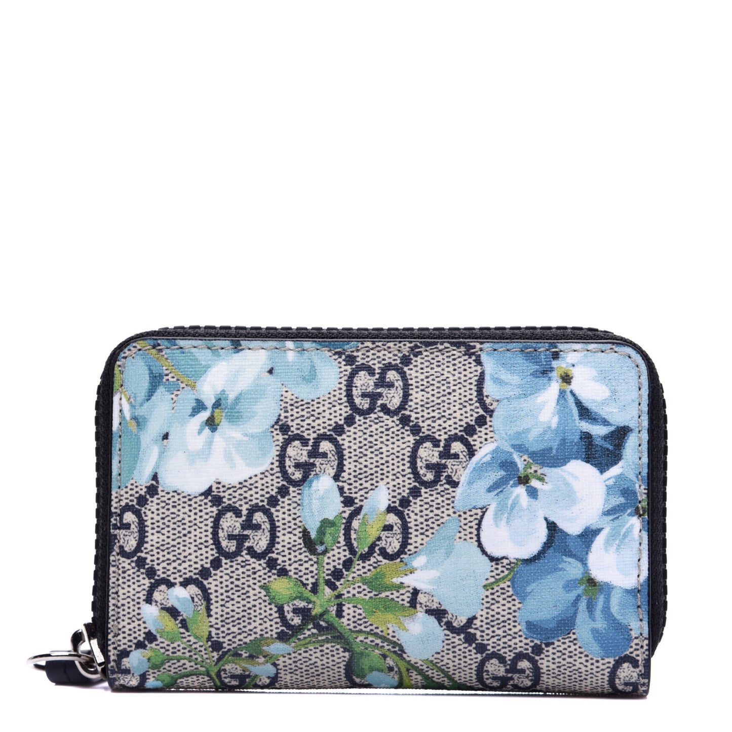 GG Supreme Monogram Blooms Zip Around Card Case Wallet Beige Blue Navy