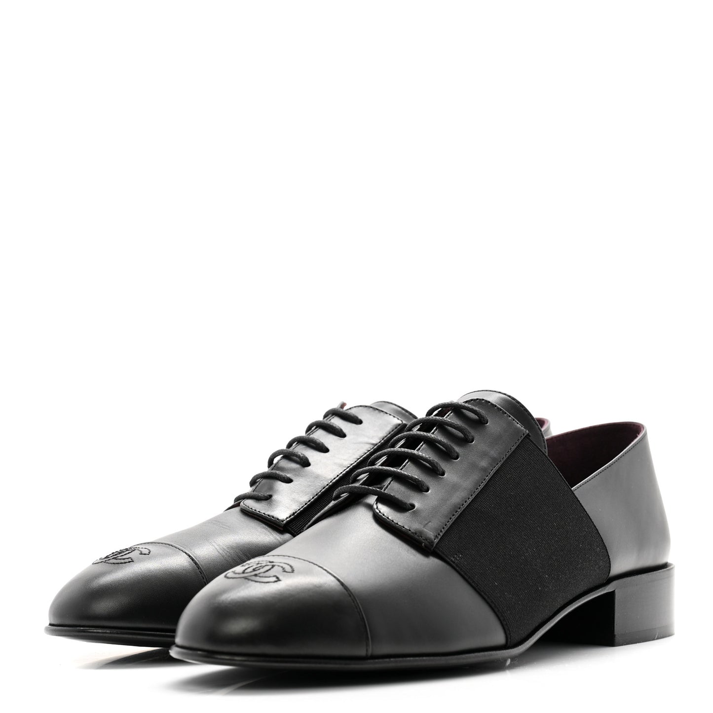 Calfskin Elastic Lace Up Cap Toe CC Loafers 40 Black