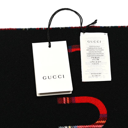 Gucci Cashmere Wool Logo Reversible Tartan Fringe Scarf Red Black 5 of 5