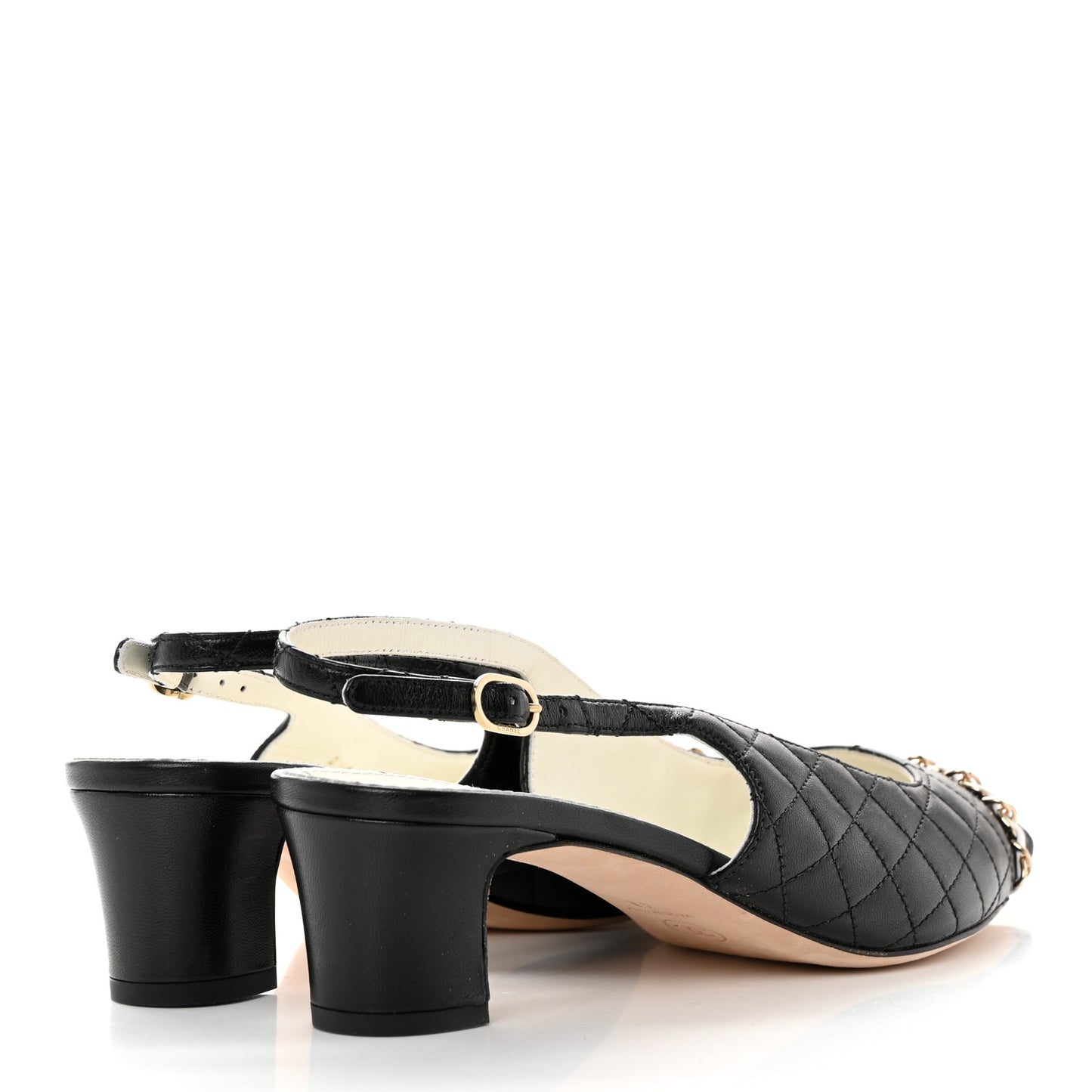 Lambskin Grosgrain Quilted Cap Toe CC Chain Slingback Pumps 40 Black