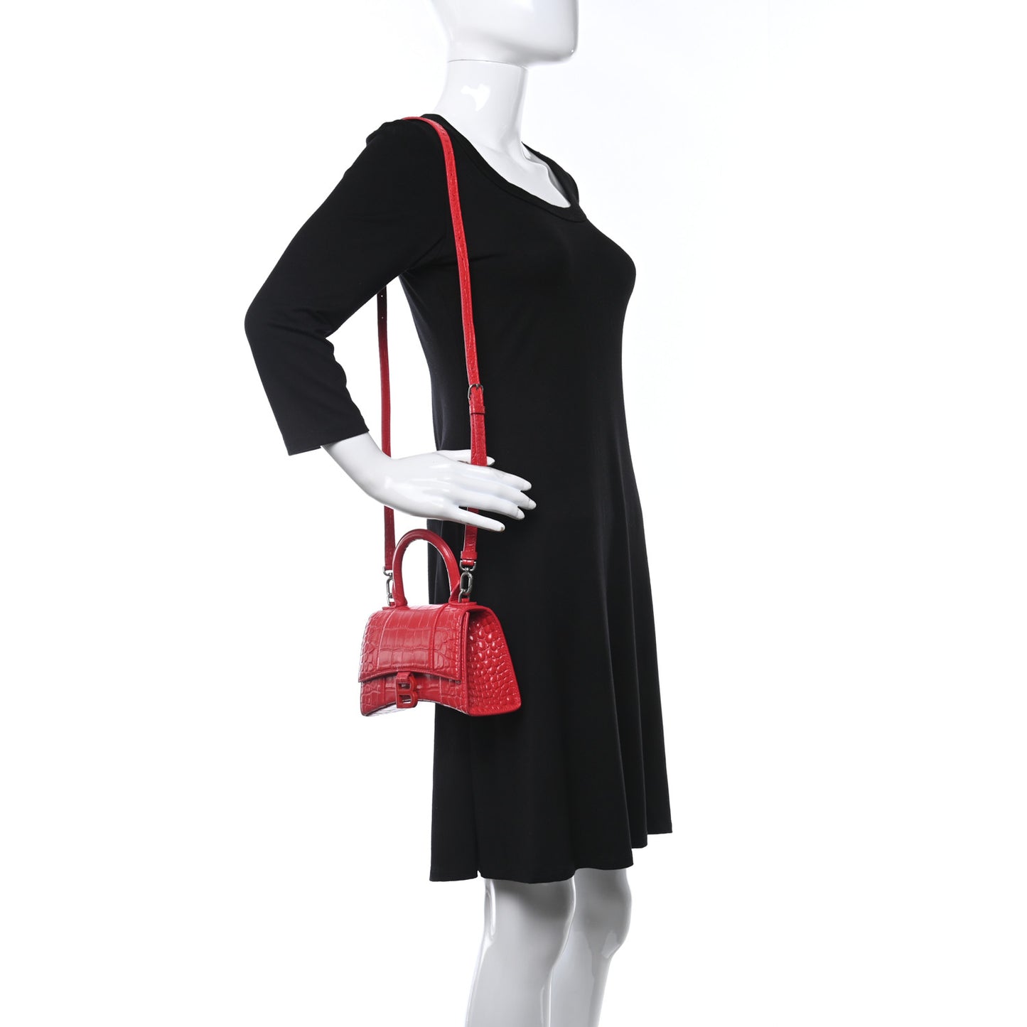 Shiny Calfskin Tonal B Crocodile Embossed Hourglass Top Handle Bag XS Bright Red