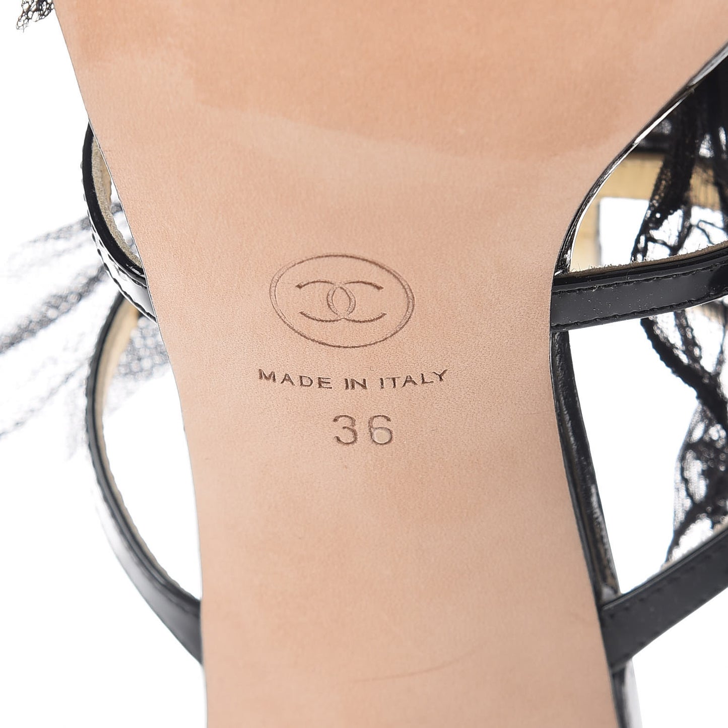 Patent Calfskin Tulle CC Sandals 36 Black