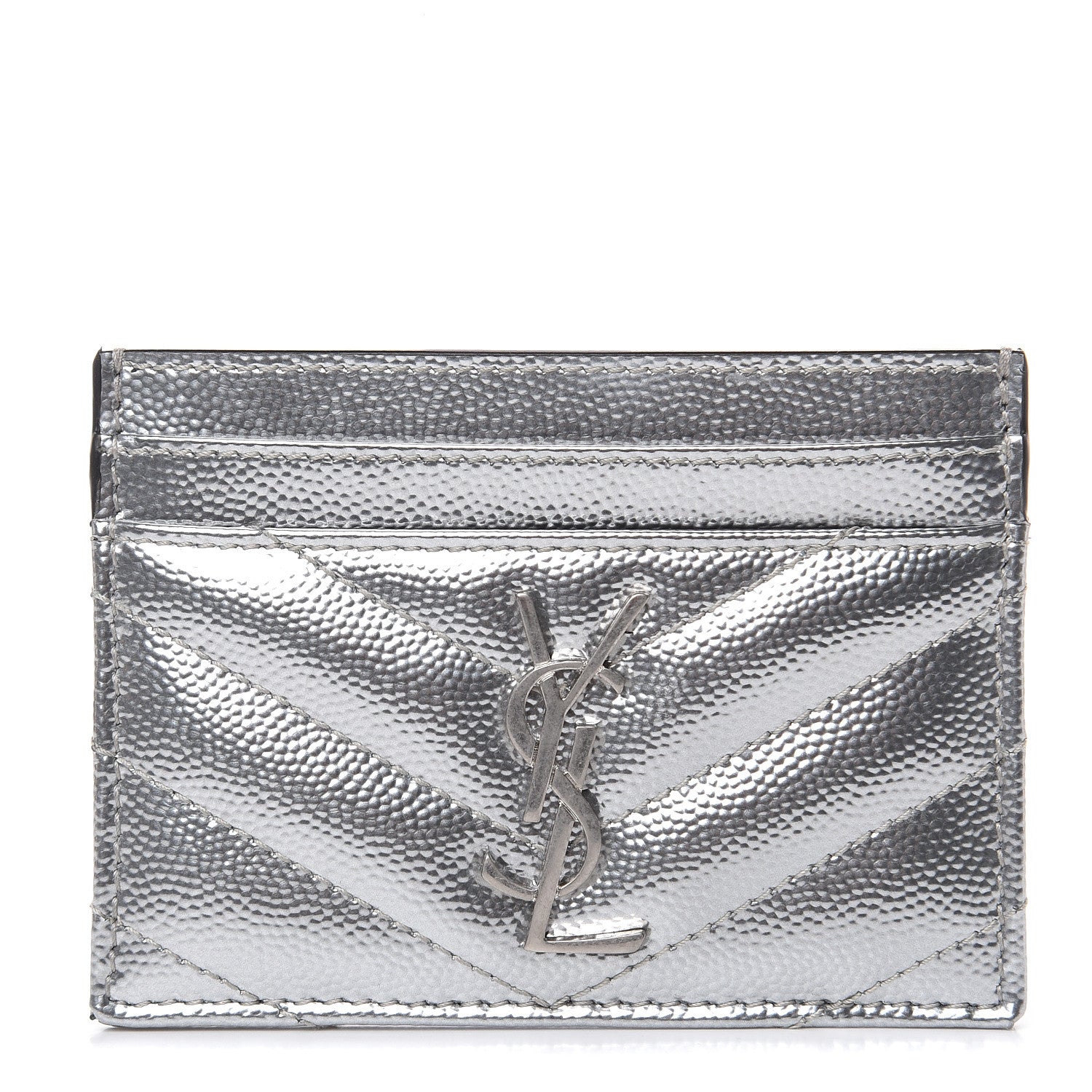 Saint Laurent Metallic Grain De Poudre Matelasse Chevron Monogram Credit Card Case Argento 1 of 8