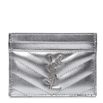 Saint Laurent Metallic Grain De Poudre Matelasse Chevron Monogram Credit Card Case Argento 1 of 8