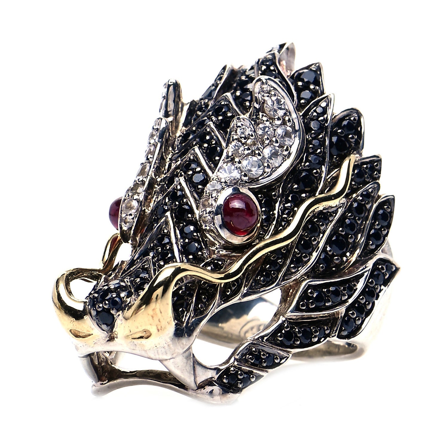 Sterling Silver 18K Yellow Gold Ruby Black Sapphire White Sapphire Naga Head Ring 54 7