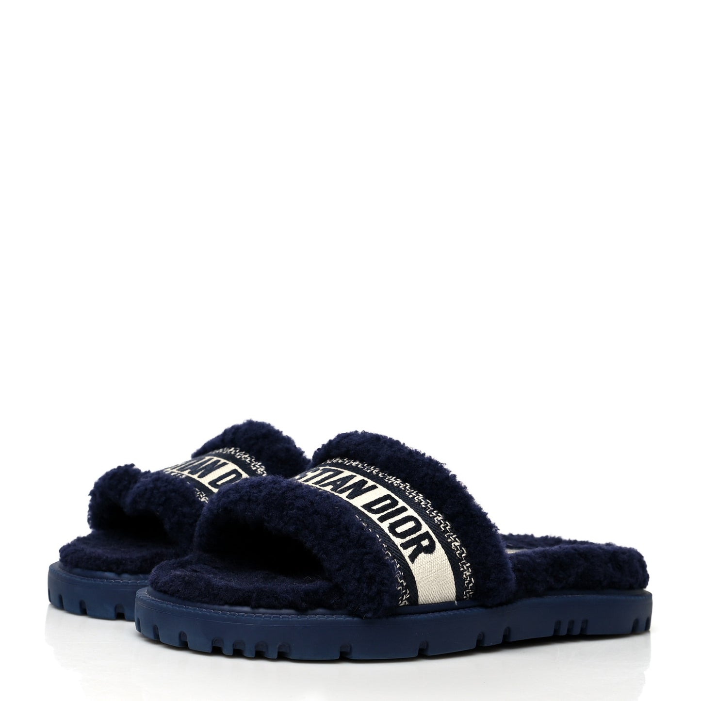 Shearling Canvas Embroidered Dway 10mm Slide Sandals 37 Deep Blue Natural