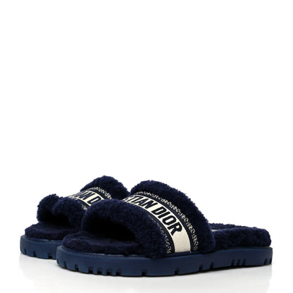 Christian Dior Shearling Canvas Embroidered Dway 10mm Slide Sandals 37 Deep Blue Natural 3 of 8