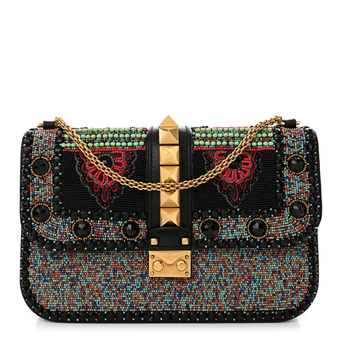 Vitello Beaded Medium Glam Lock Rockstud Flap Black