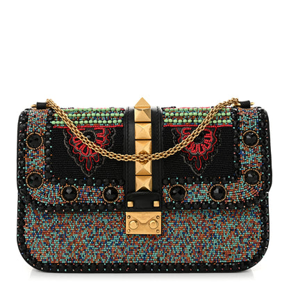 Valentino Garavani Vitello Beaded Medium Glam Lock Rockstud Flap Black 1 of 14