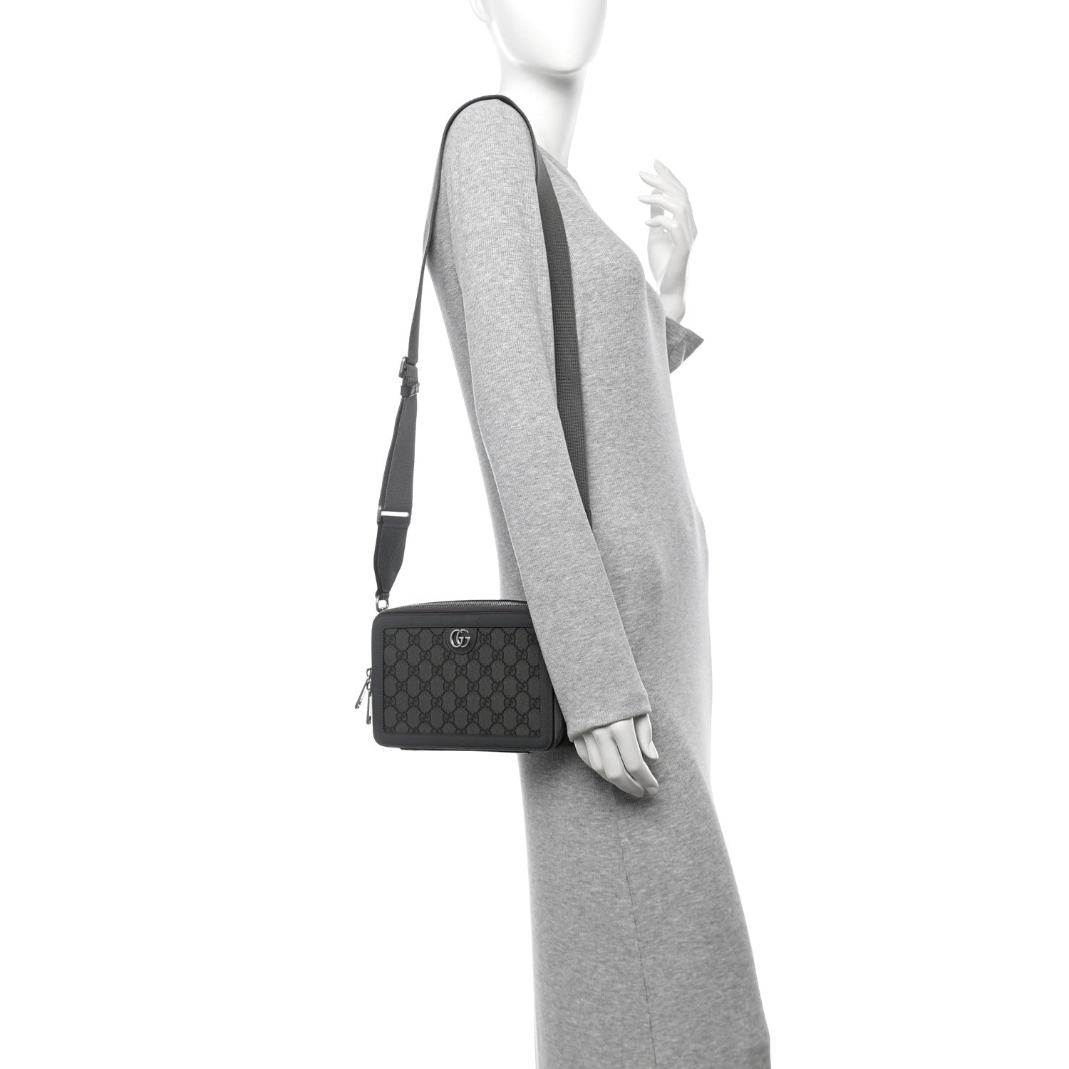 Gucci GG Supreme Monogram Textured Dollar Calfskin Small Ophidia Top Handle Shoulder Grey Black Graphite Grey 2 of 10