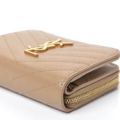 Saint Laurent Grain De Poudre Matelasse Chevron Monogram Compact Zip Around Wallet Cork 6 of 9