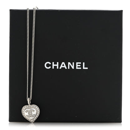 Chanel Crystal Pearl CC Heart Necklace Silver 6 of 6