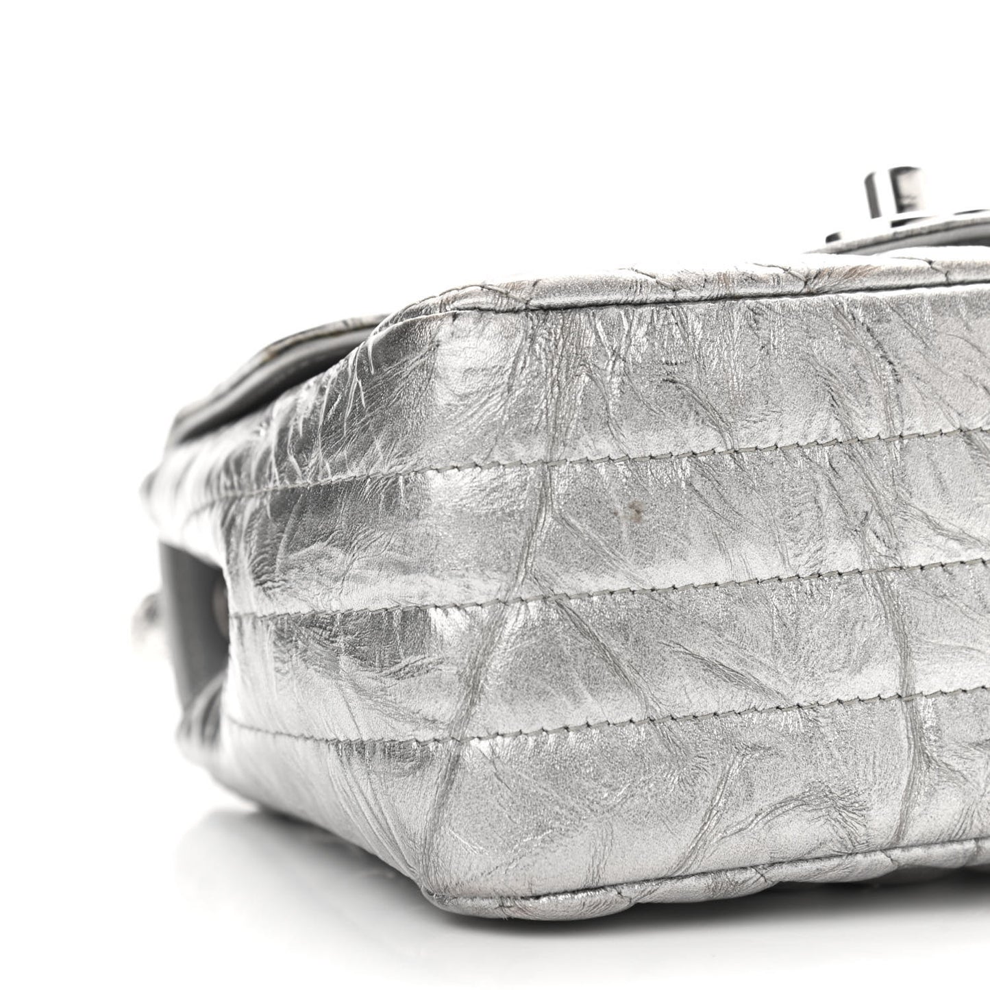 Metallic Patent Crumpled Calfskin Chevron Quilted Mini Square Flap Silver