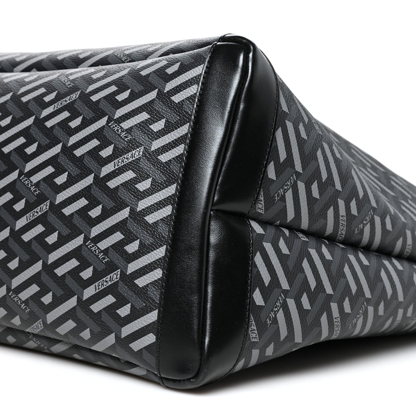 Coated Canvas Calfskin La Greca Signature Shopper Tote Bag Black Grey