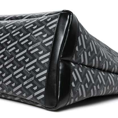 Versace Coated Canvas Calfskin La Greca Signature Shopper Tote Bag Black Grey 10 of 10