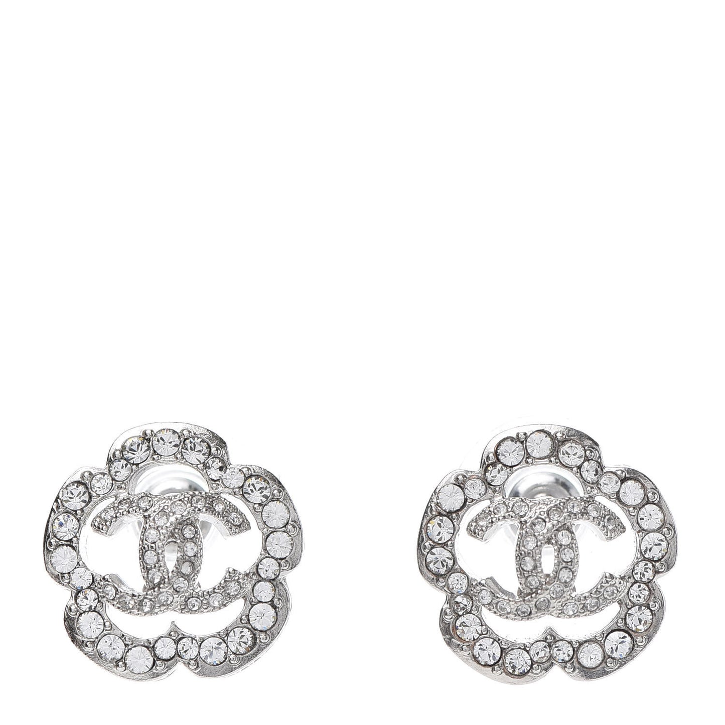 Crystal Coco Flapper Camellia CC Stud Earrings Silver
